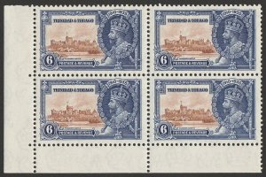 TRINIDAD & TOBAGO 1935 KGV Silver Jubilee 6c block 'extra flagstaff' variety.