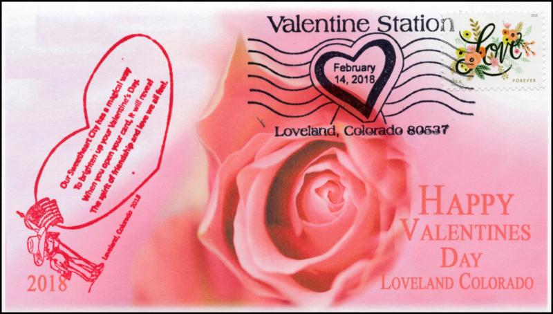 18-020, 2018, Valentines Day, Pictorial Postmark, Event Cover, Loveland CO