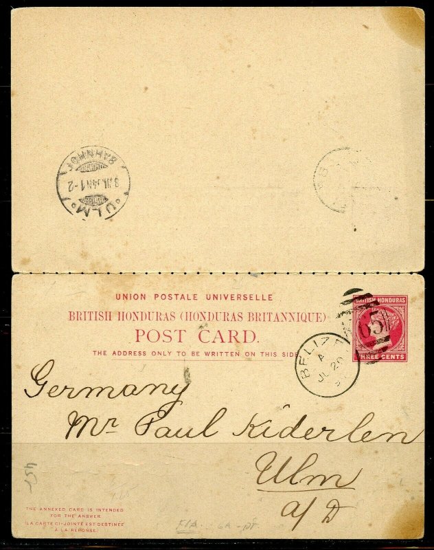 BRITISH HONDURAS BELIZE 7/20/1894 STATIONERY DOUBLE POSTCARD TO ULM 8/8 AS SHOWN