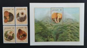 Grenada 1986** Mi.1491-94 + Bl.162. Mushrooms [13;150]