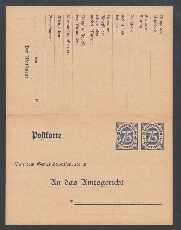 Germany Mi DP10 mint. 1922 75pf Official Letter Answer Card, sound, scarce.