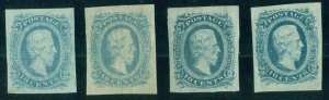 CONFEDERATE STATES #11, 10¢ blue in shades (4), unused no gum, VF, Scott $75.00