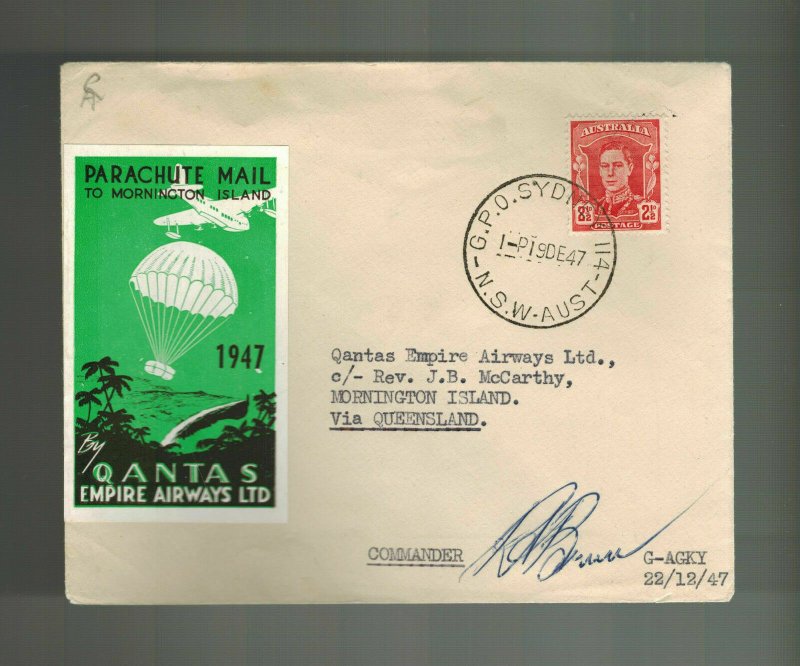 1947 Australia Parachute Mail to Mornington Island Signed by Pilot Qantas Empire