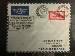 1939 Saigon Laos Hanoi Vietnam First Flight Cover 200 Flown FFC via Air France 3