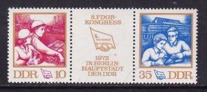 German Democratic Republic DDR  #1376-1377 MNH 1972  unions strip of 2 + label