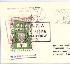 GB Scotland Air Mail Cover Rate Increase 9d BEA Renfrew London 1954 YW69