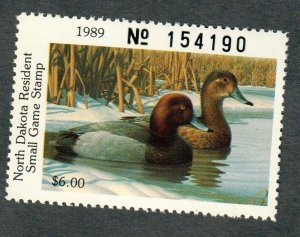 ND8 North Dakota #8 MNH State Waterfowl Duck Stamp - 1989 Redhead