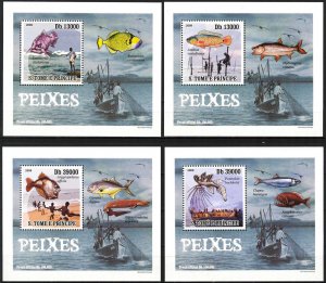 {003} Sao Tome & Principe 2009 Fishes Fishing 4 S/S Deluxe MNH**