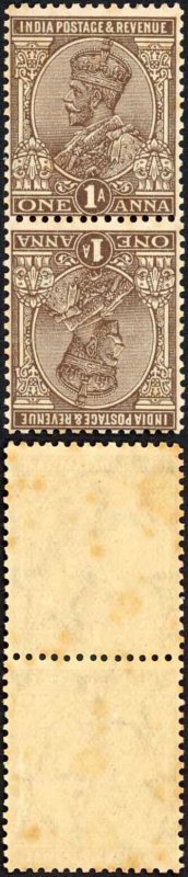 India SG203a 1 1/2a Chocolate Wmk Mult Star Tete-beche Pair (m/m and tone spots)