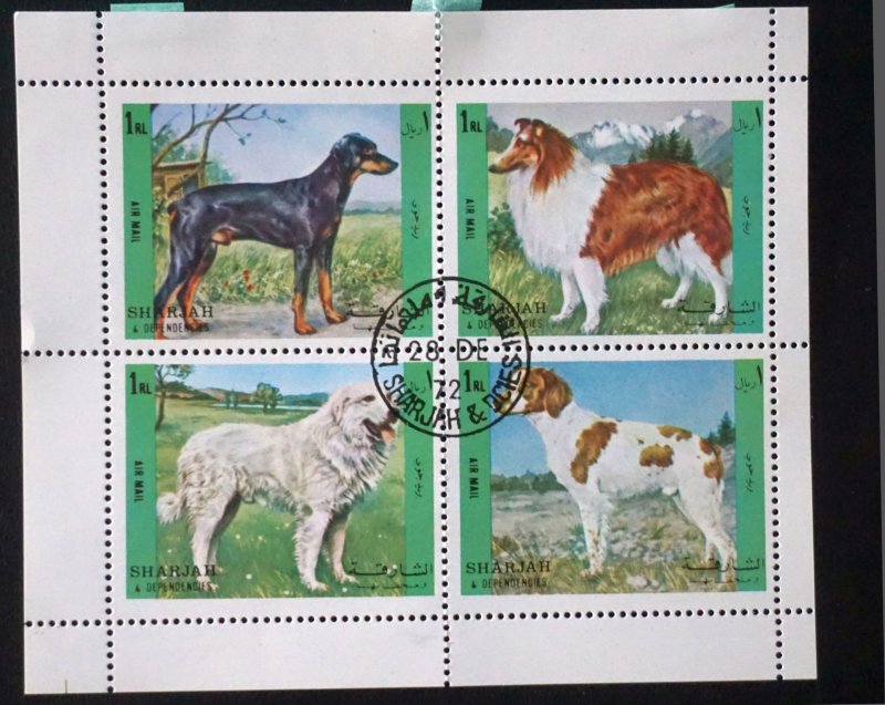 SHARJAH UAE   Block of 4 DOGS dobermann, collie 1972 used cto