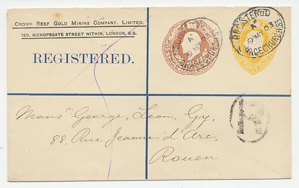 Registered Postal stationery GB / UK 1903 - Privately printed Crown Reef Gold Mi
