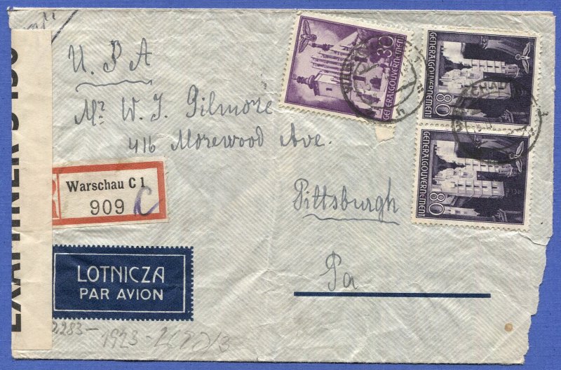 POLAND (General Govt) 1941 Rare BERMUDA Censored cover, Warsaw to USA