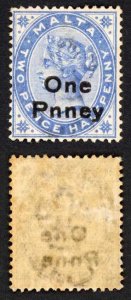 Malta SG36b One Penny 2 1/2d Dull Blue M/M (toned) PNNEY Error Cat 35 pounds