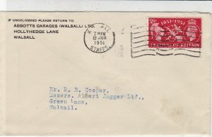 G.B. 1951 From Abbotts Garages Walsall Ltd Hollyhedge Lane Stamps Cover Rf 33310