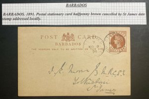 1891 St James Barbados Postal Stationery Postcard Cover Locally Used