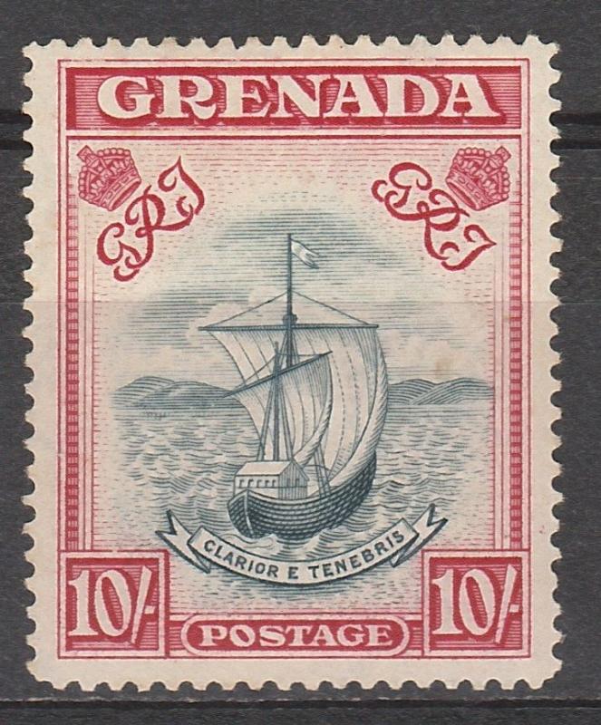 GRENADA 1938 SHIP 10/- SLATE BLUE & BRIGHT CARMINE PERF 14 NARROW PRINTING 