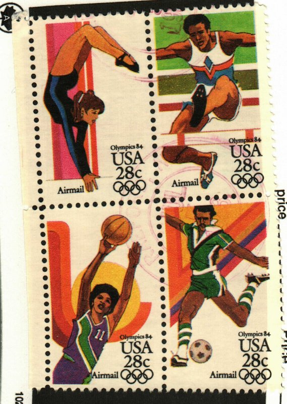 US #C104a Used Olympics Track, Soccer, gymnastics, Basketball Block (4 stamps)