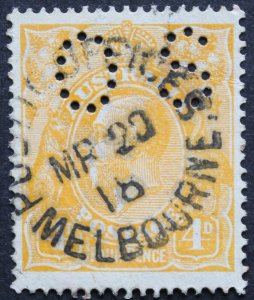 Australia 1918 GV Four Pence Official with a PUBLIC OFFICES MELBOURNE postmark