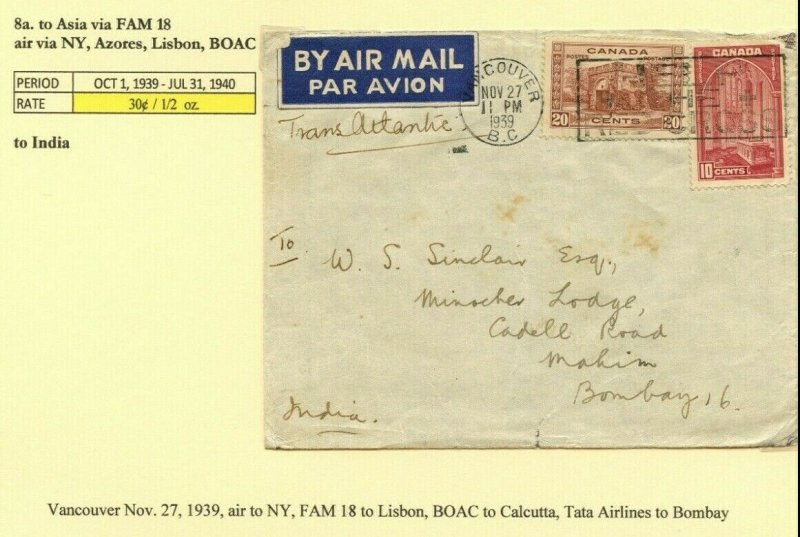 to INDIA 30c per 1/2 oz. NY, Azores, Lisbon, BOAC Tata Air 1939 cover Canada