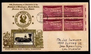 US 858 1939 Washington/50th anniv of statehood block of 4 on an addressed FDC with an Olympia, WA cancel and a Crosby cachet