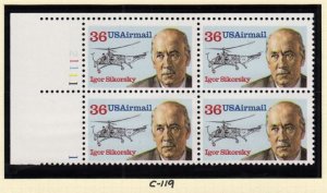 1988 Igor Sikorsky helicopter airmail 36c Sc C119 MNH plate block of 4 - Typical