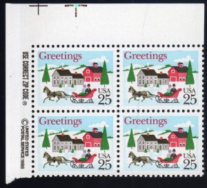 Scott #2400 Christmas Sleigh in Winter Scene Corner Block of 4 Stamps - MNH