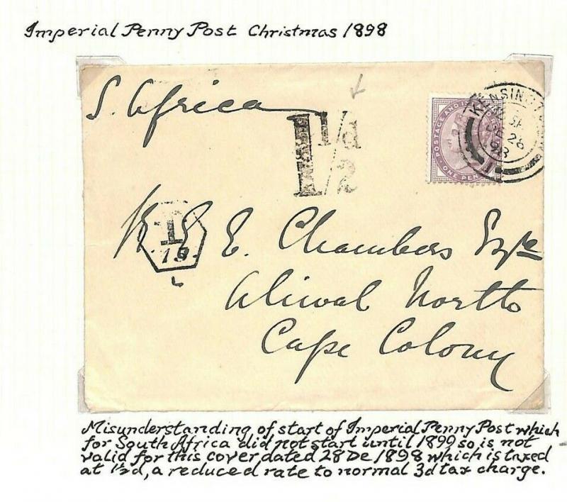 GB FAILED EARLY EMPIRE RATE Dec 1898 Cover South Africa COGH Charged *1½d* AF200