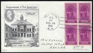 United States First Day Covers #854-35, 1939 3c Washington Inauguration, bloc...