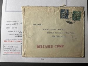 1942 Portugal Airmail Cover Lisbon to New York NY USA British Consulate