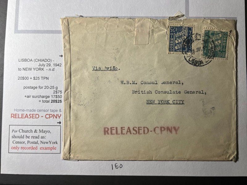 1942 Portugal Airmail Cover Lisbon to New York NY USA British Consulate