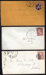 US 1860's THREE FANCY CANCEL COVERS