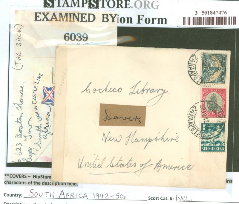 South Africa  Plain wartime Union Castle line censored cover, Cape Town to Dover NH plus four useful illustrated FDCs for 1950s