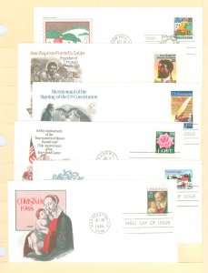 US 2245/2400 1986-8 6 different FDCs. Artmaster cachets. Christmas. Jean Baptiste Pointe Du Sable. Constitution Signing. 100th A