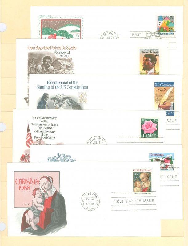 US 2245/2400 1986-8 6 different FDCs. Artmaster cachets. Christmas. Jean Baptiste Pointe Du Sable. Constitution Signing. 100th A