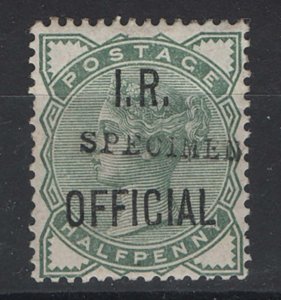 GB Officials 1883 ½d green IR Official ovpt specimen type 9, nibbled perf