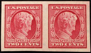 U.S. Mint Stamp Scott #368 2c Lincoln Pair, Superb. Huge Margins. Never Hinged.