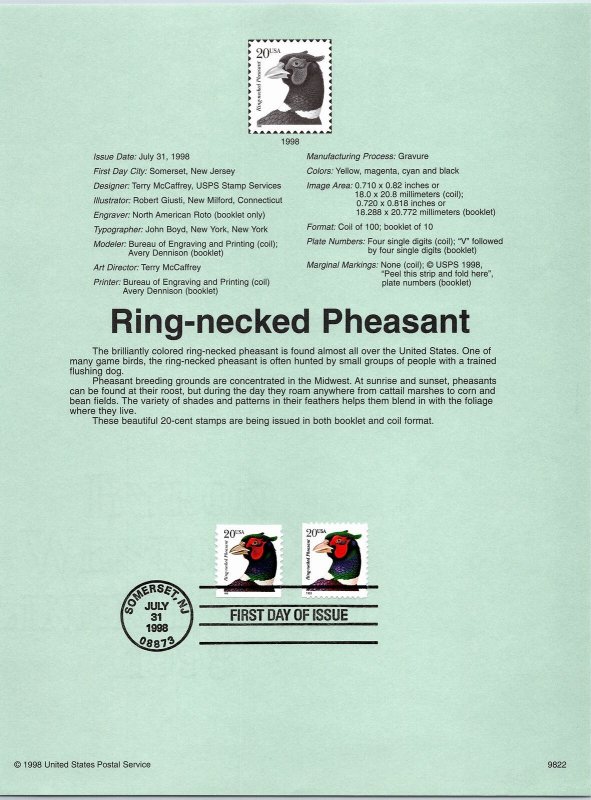 USPS SOUVENIR PAGE RING-NECKED PHEASANT BIRD (PAIR) (2) DIFFERENT PRINTINGS 1998