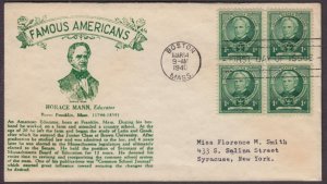 1940 Horace Mann educator Sc 869-37G block of 4 Crosby cachet Famous Americans