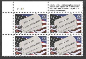 US Plate Block, Cat # 2966, POW & MIA, MNH*-