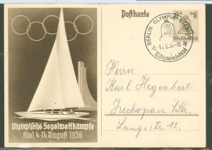 Germany  Olympic postal card w/SC and sent through mail with message.