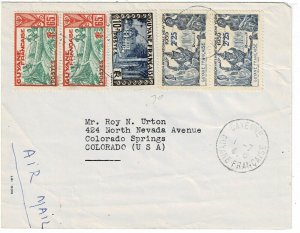 French Guiana 1946 Cayenne cancel on airmail cover to the U.S., Scott 150, 170