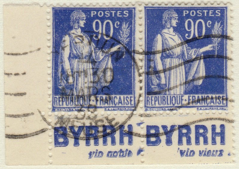 FRANCE - 1938 Pub BYRRH (vin noble, vin vieux)  sur paire Yv.368a 90c Paix t.I