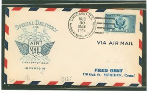 US CE1 1934 16c airmail special delivery issue (single) on an addressed (stamped) first day cover with a Chicago, IL American ai