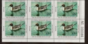 JDS3 Junior Duck Stamp. Plate Numbered Block of 6. MNH. Rare. #02 JDS3PB6BR