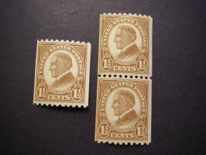 Scott 605, 1.5 cent vert Harding, MNH pair & single, Nice Early Coils