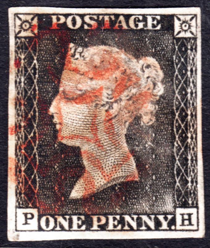 Great Britain #1b Penny Black (PH) 4 Margins