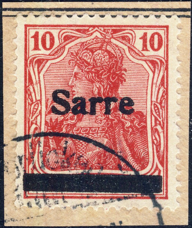 SARRE / SAAR / SAARGEBIET - 1920 Mi.6.III 10pf O/P t.3 VFU on piece