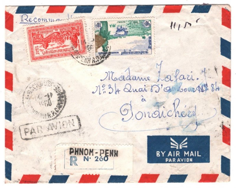 CAMBODIA Air Mail Cover Phnom-Penh Registered FRENCH INDIA Pondichery 1960 KA772