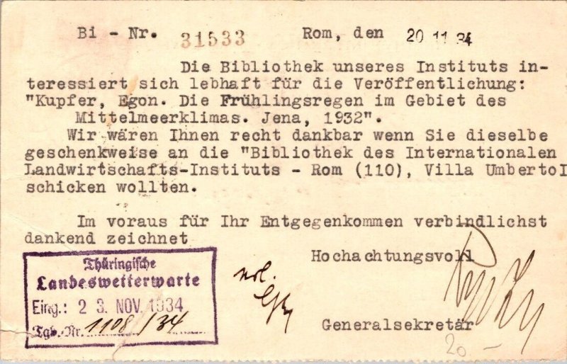 Italy 1934 Thuringian State Weather Observatory - Rome PPC - J16503