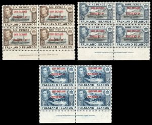 Falkland Is Dep KGVI 1944 6d, 8d & 1s in IMPRINT BLOCKS of four VFM. SG D6-D8.